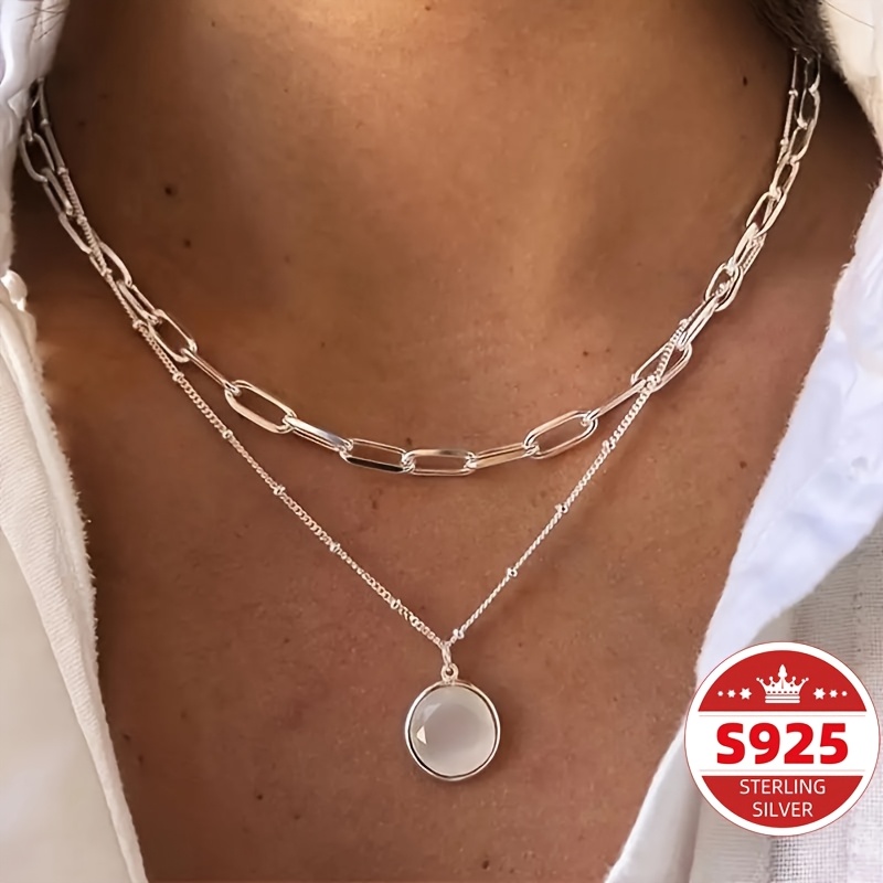 TEMU S925 Sterling Silver Stylish Alloy Stone Round Piece Stacking Style Women's Necklace