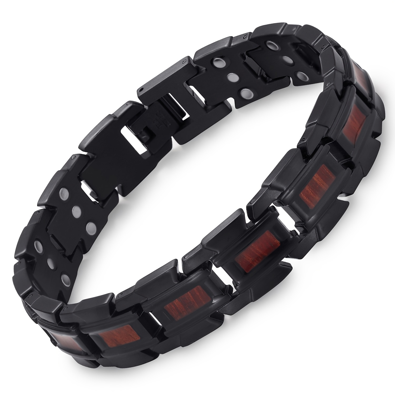 Image of Men's 316l Stainless Steel Bracelet, Clasp Three-row Wooden Bracelet, Includes Free Link Removal Tool And Jewelry Gift Box - Black And Red