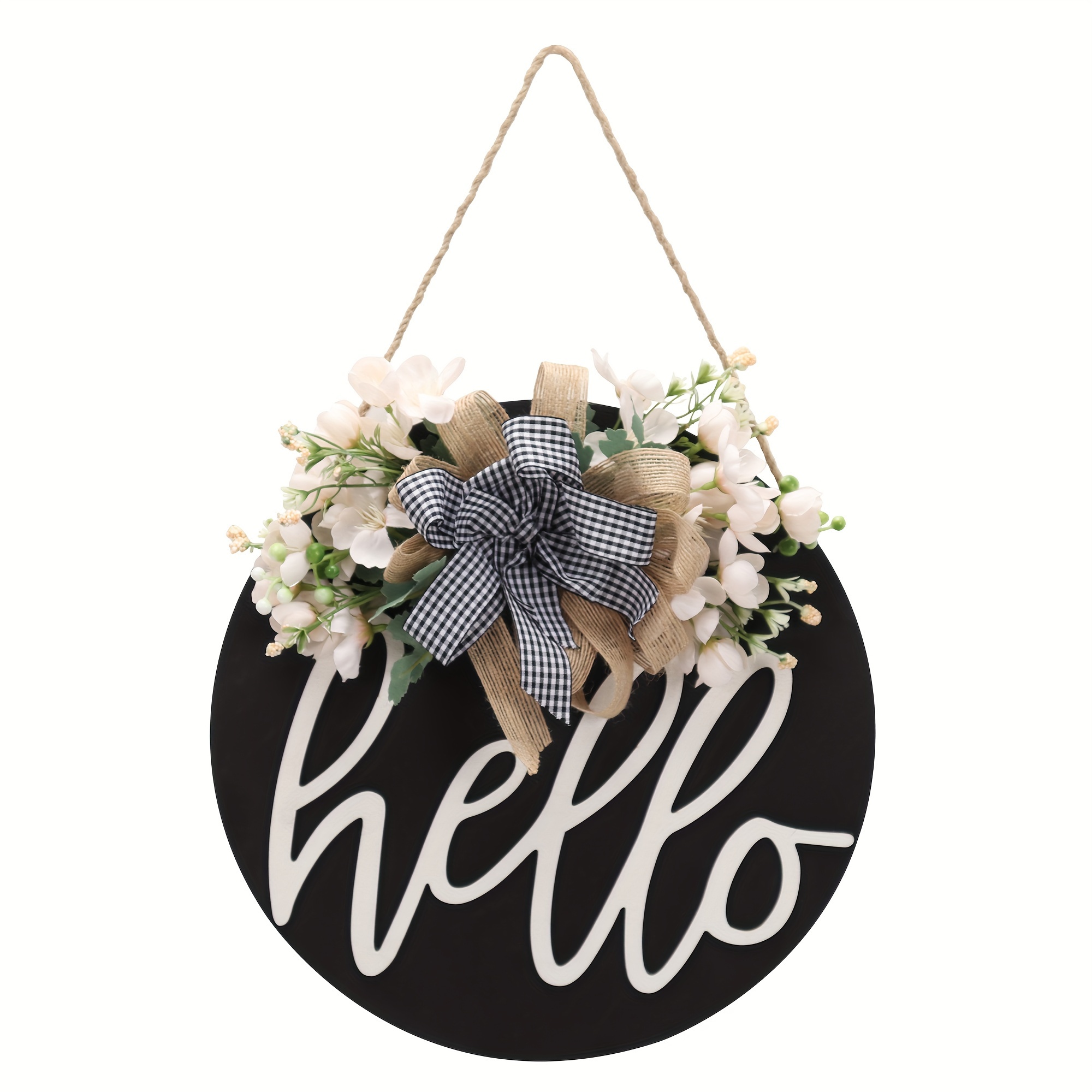 

Hello Round Wood Sign For Front Door - Manufactured Wood And Plastic Wall Hanging Welcome Sign For Farmhouse Porch - No Electricity Or Feathers Required