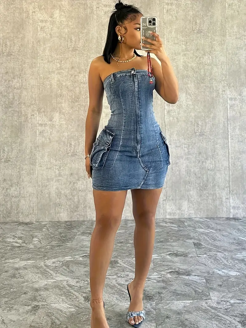 blue large belt denim tube dress Kpop Blue Large Belt Denim Tube Dress | Shuhua - (G)I-DLE