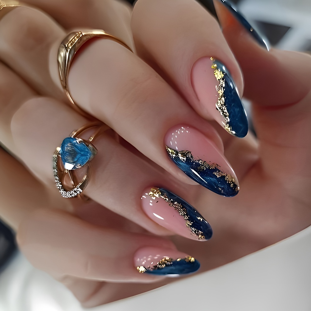 

24pcs Glossy Long Almond Press-on Nails - Blue & Golden , Shiny Reusable Fake Nails For Women, Elegant Gradient With Glitter Accents, Parties And Special Occasions, Cute Nails