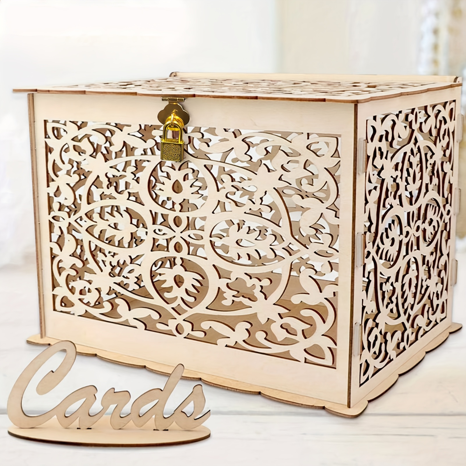 E-shop Hochzeitskartenbox - Abschließbare Spardose mit Schlitz, Kartenhalter aus Holz für Hochzeitsfeier, Jahrestag, Babyparty, Geburtstagsfeier,