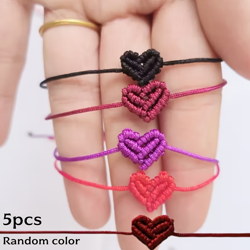 TEMU Gift For Her/him 5 Handmade Heart-shaped Bracelets - Adjustable Woven Straps With Pink, Purple, Red, And Black Heart-shaped Patterns (color