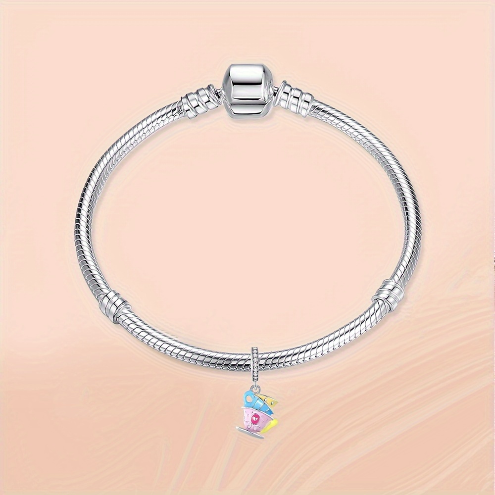 Enamel Three Tea Cups Dangle Charm 925 Sterling Silver Pendant