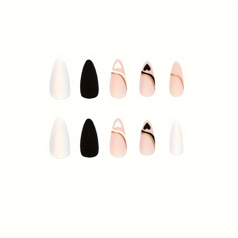 24pcs medium almond fake nails matte black white and nude false nails with black and white love pattern golden stripe design sweet press on nails 1pc nail file and 1sheet jelly tabs included details 2