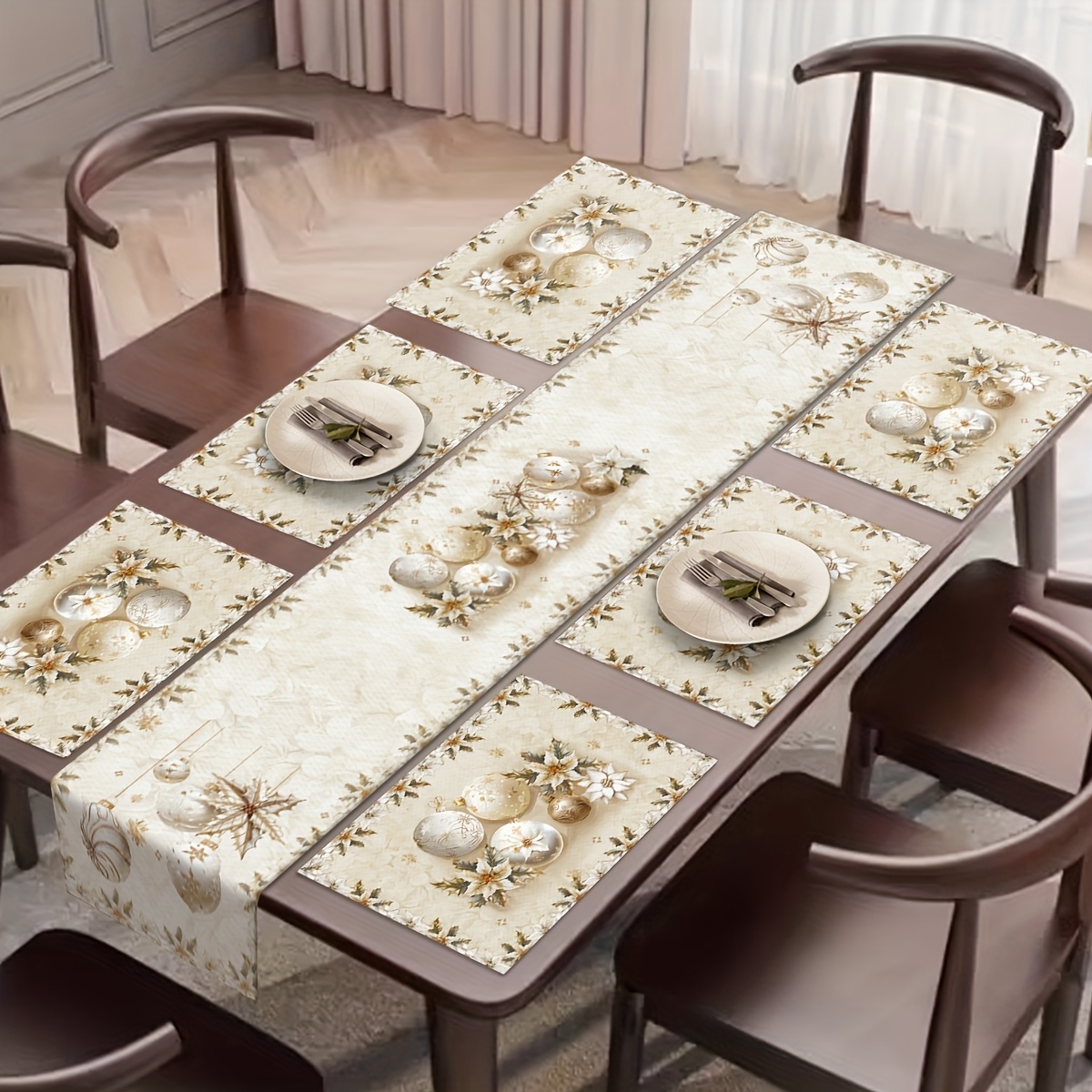 TEMU 7-teiliges Set Tischsets Tischläufer „Frohe Weihnachten“, Leinenmaterial, Design in Weiß mit goldenen Akzenten, 13x72 Zoll x1 + 12x18 Zoll,