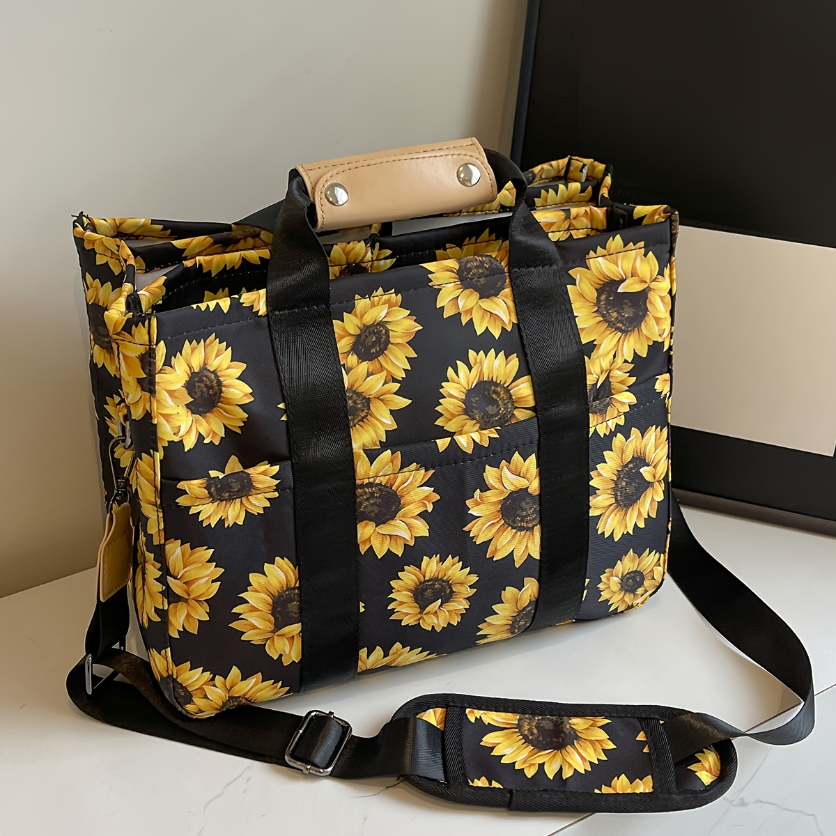 

Chic Sunflower Print Tote Bag With Adjustable Strap - Spacious & , Use, Optional, Compartment Design, Messenger Bag, Ladies