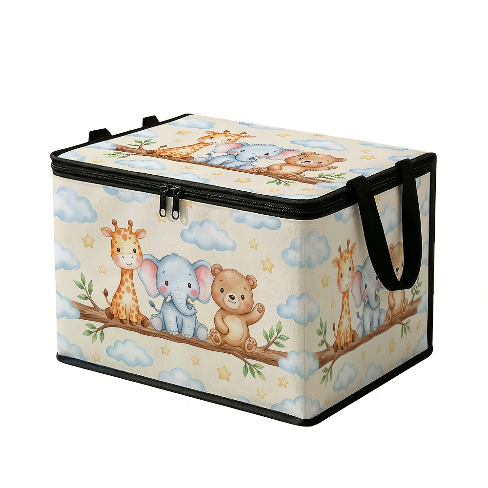 TEMU 1pc Cute Desert-themed Storage Box, Giraffe Elephant Teddy Bear Pattern, With Zipper And , Suitable For Bedroom And Outdoor, Living Room, Large