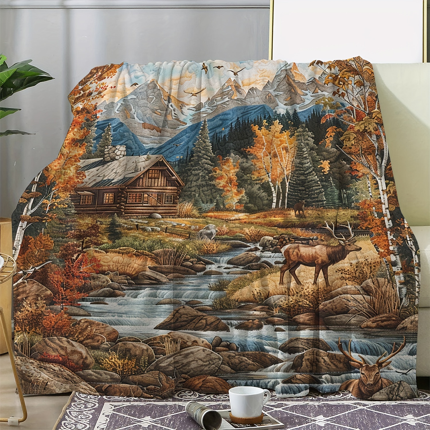 

Cozy Vintage Autumn Forest & Elk Cabin Print Flannel Blanket - Soft, Warm Throw For Couch, Bed, Car, Office, Camping - Versatile All-season Gift