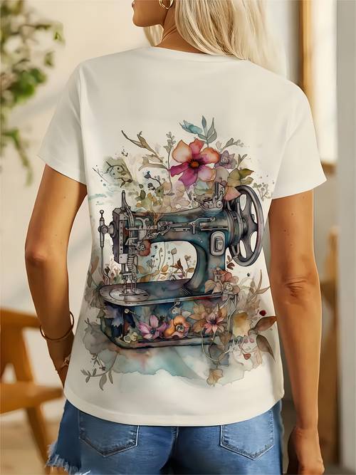 womens floral sewing machine print t shirt casual round neck short sleeve top