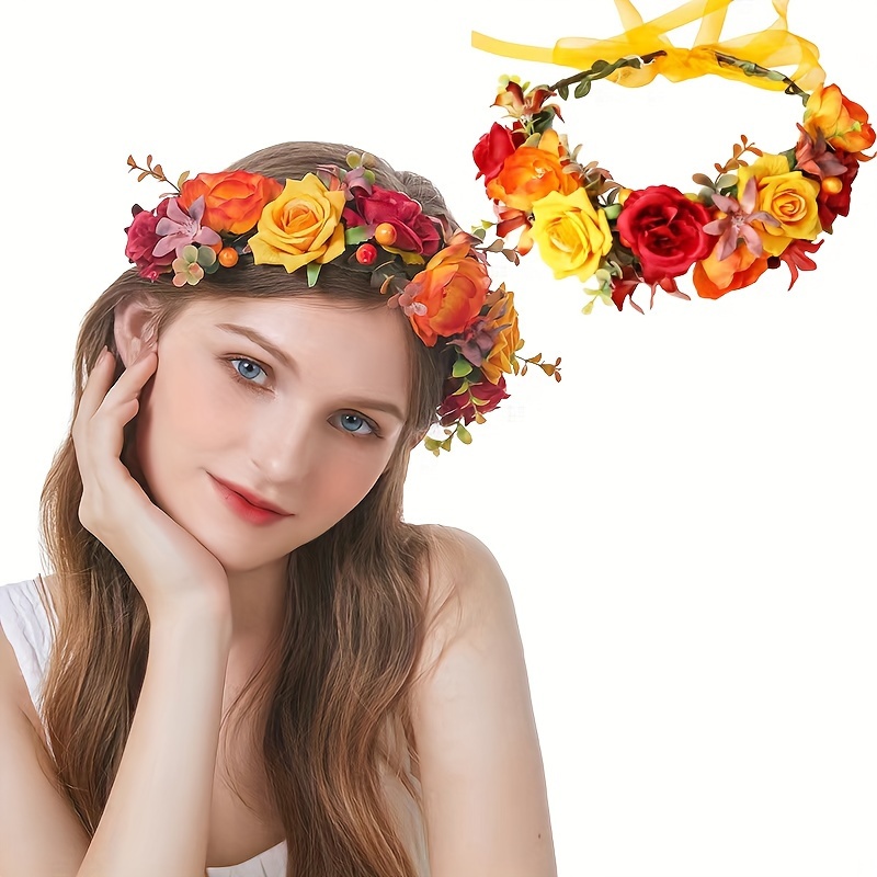 

Vintage Autumn Velvet Rose Crown - Orange Floral Headband For Bridal & Party Decor, Perfect For Harvest, St. Nicholas, Summer, Independence Day & Fall Celebrations