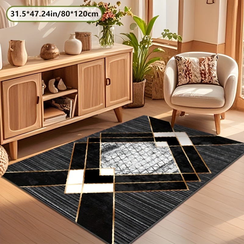 TEMU Black And Grey Geometric Patterned Carpet | Machine Washable, Polyester, , Comfortable And Aesthetic, Suitable For Living Room, Bedroom,