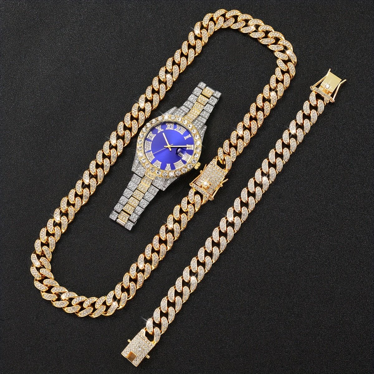 

3pcs/set Men's Luxury Rhinestone Stainless Steel Quartz Watch With Bracelet & Necklace