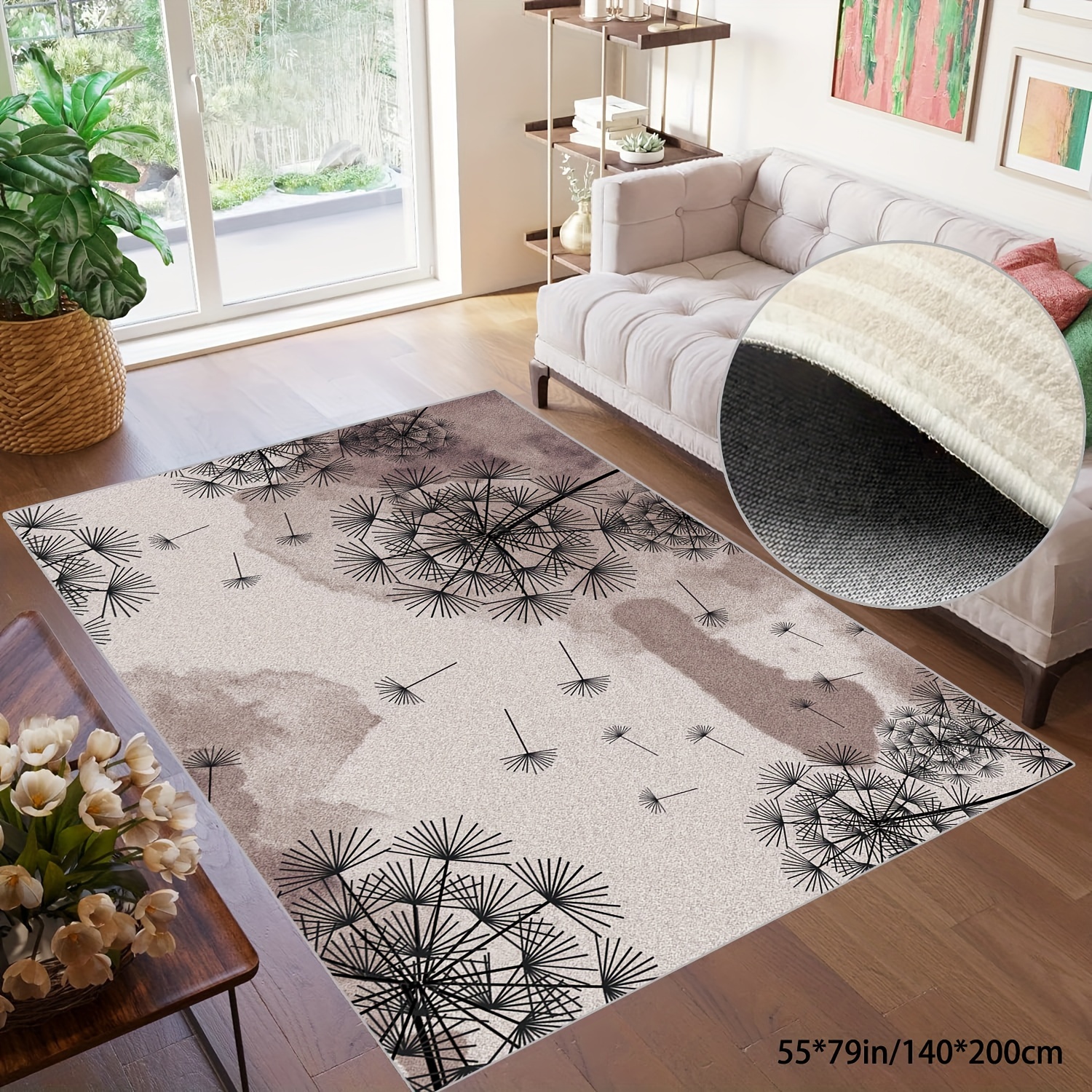 

Modern Style Black Dandelion Faux Cashmere Rug Floor Mats, Non-slip Soft Rugs, Area Rugs, Living Room Bedroom Living Room Game Room Rug Floor Mats, Home Decor