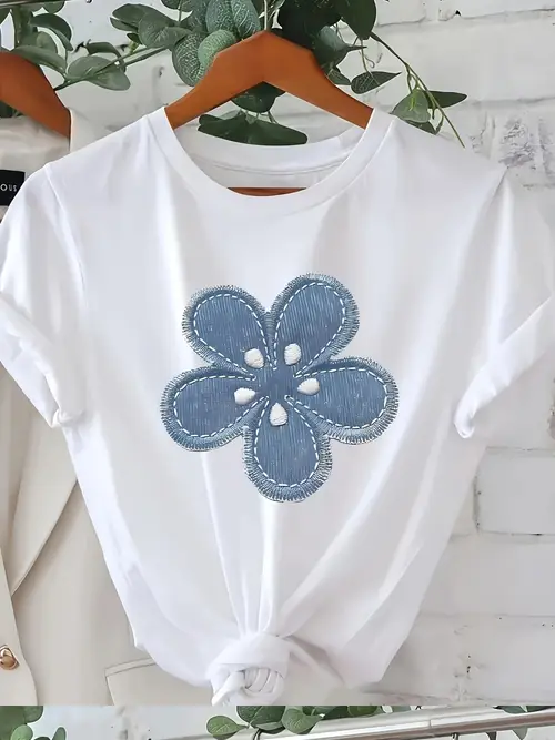 womens casual loose fit 100 cotton t shirt lightweight breathable short sleeve crew neck top with blue white floral print machine washable for daily party relaxed fashion