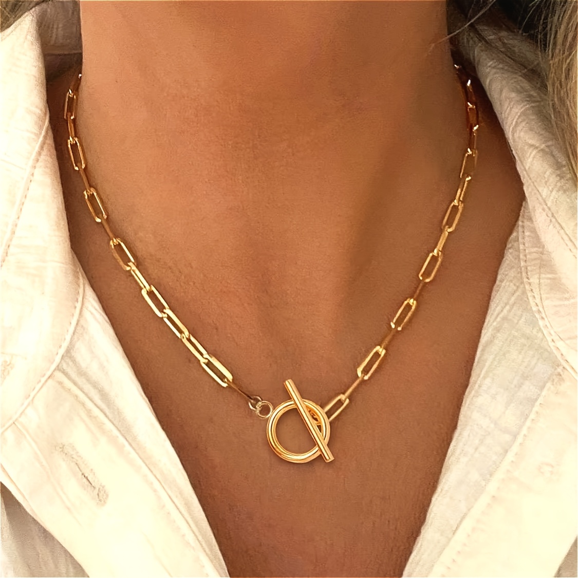 Image of Hypoallergenic 316l Stainless Steel Golden Paperclip Pendant Necklace, Waterproof Oil-free Ot Clasp Necklace, The Perfect Birthday/anniversary Gift