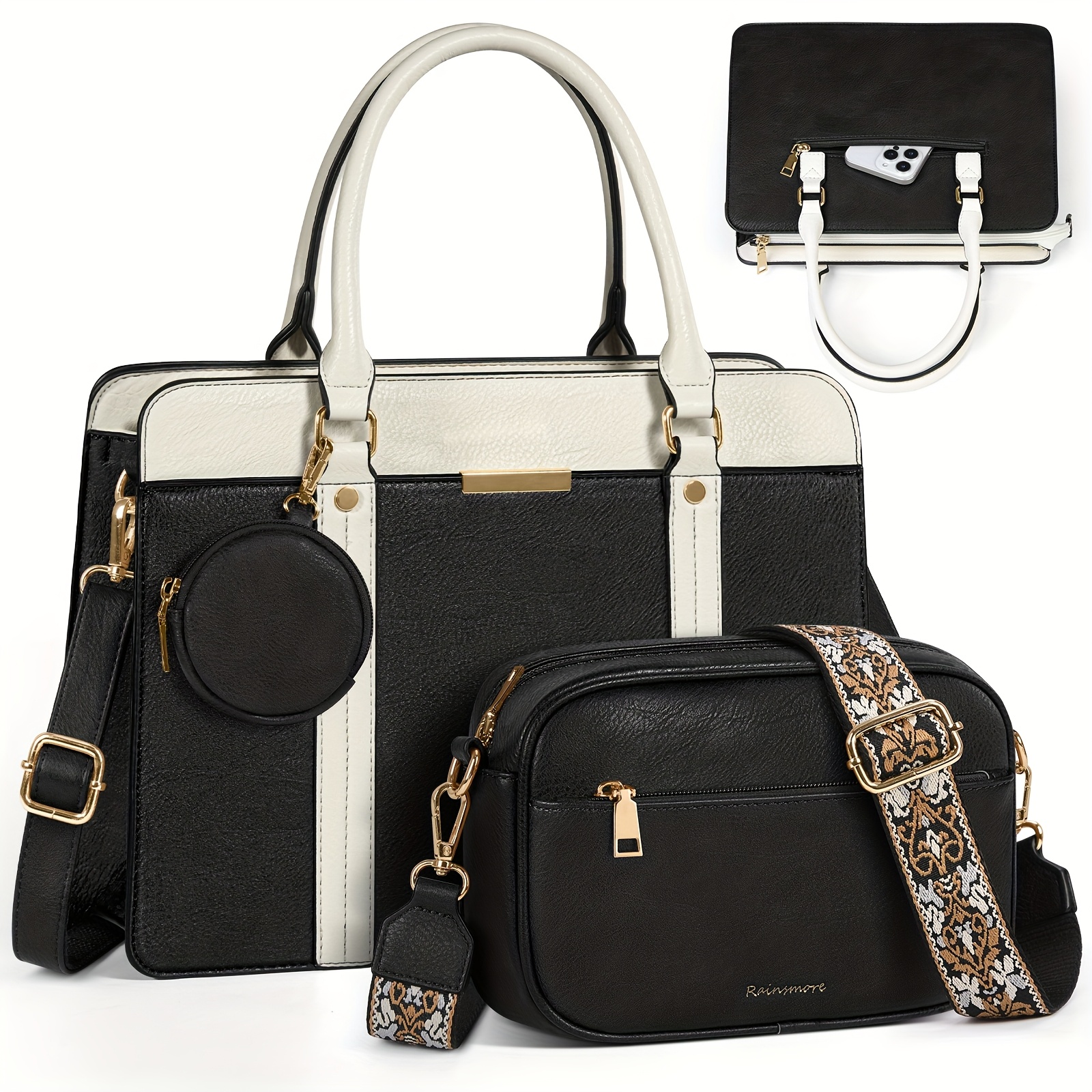 Rainsmore Women's Medium Handbag Synthetic Leather Women's Handbags Small Shoulder Bags With Shoulder Bag 3pcs Set Handbag For School Shopping Travel Gift