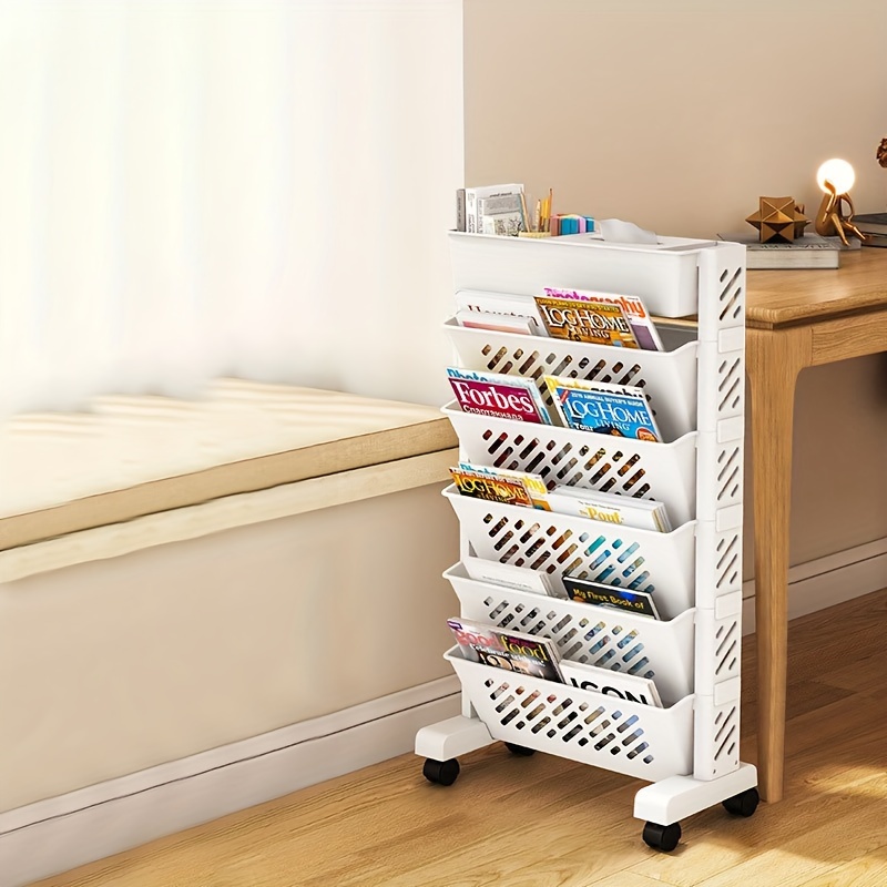 

Versatile White Plastic Rolling Bookshelf Cart - Multi-tier, Mobile Storage Organizer With Wheels For Home & Office