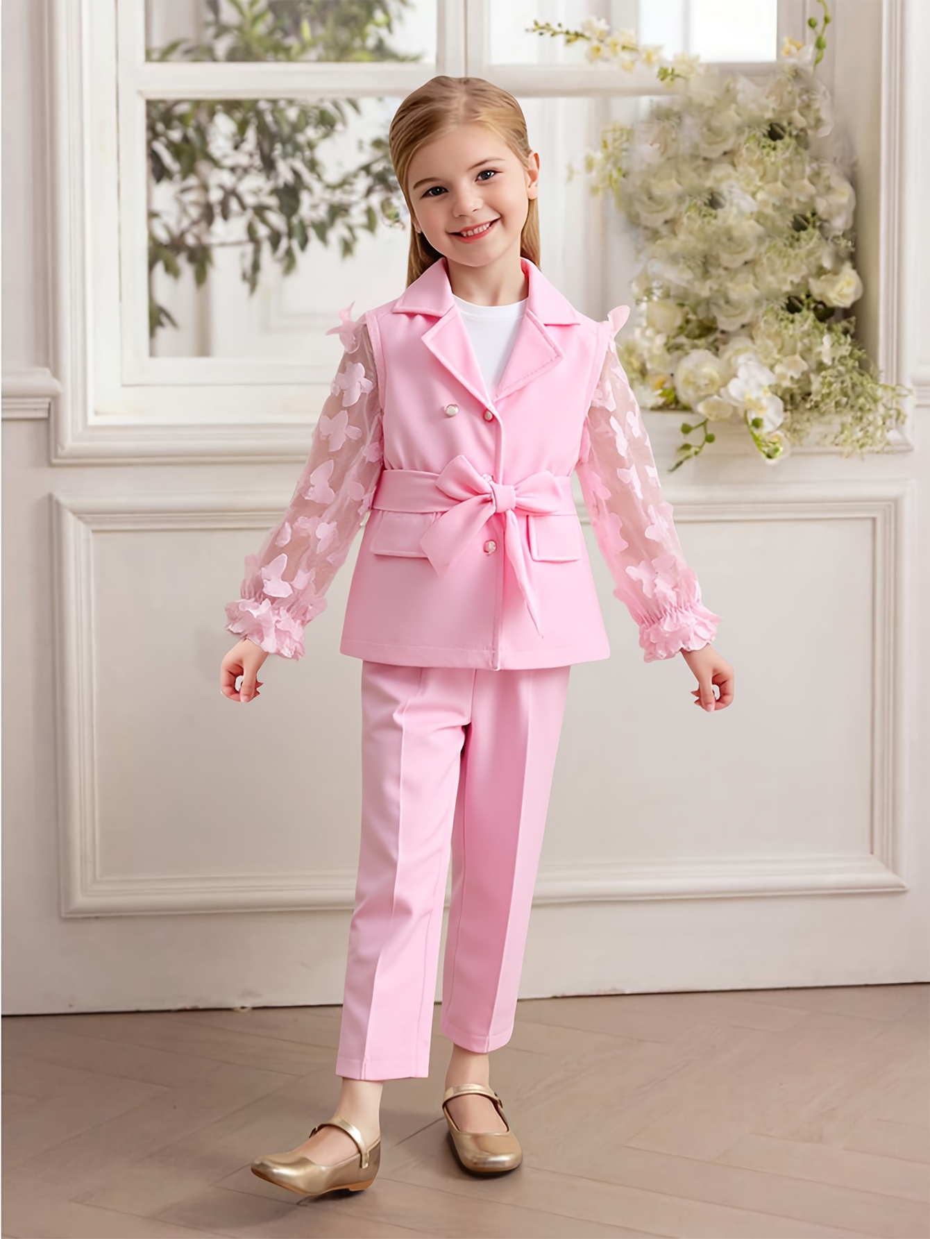 2pcs Girls' Butterfly Blazer and Solid Color Pants Set
