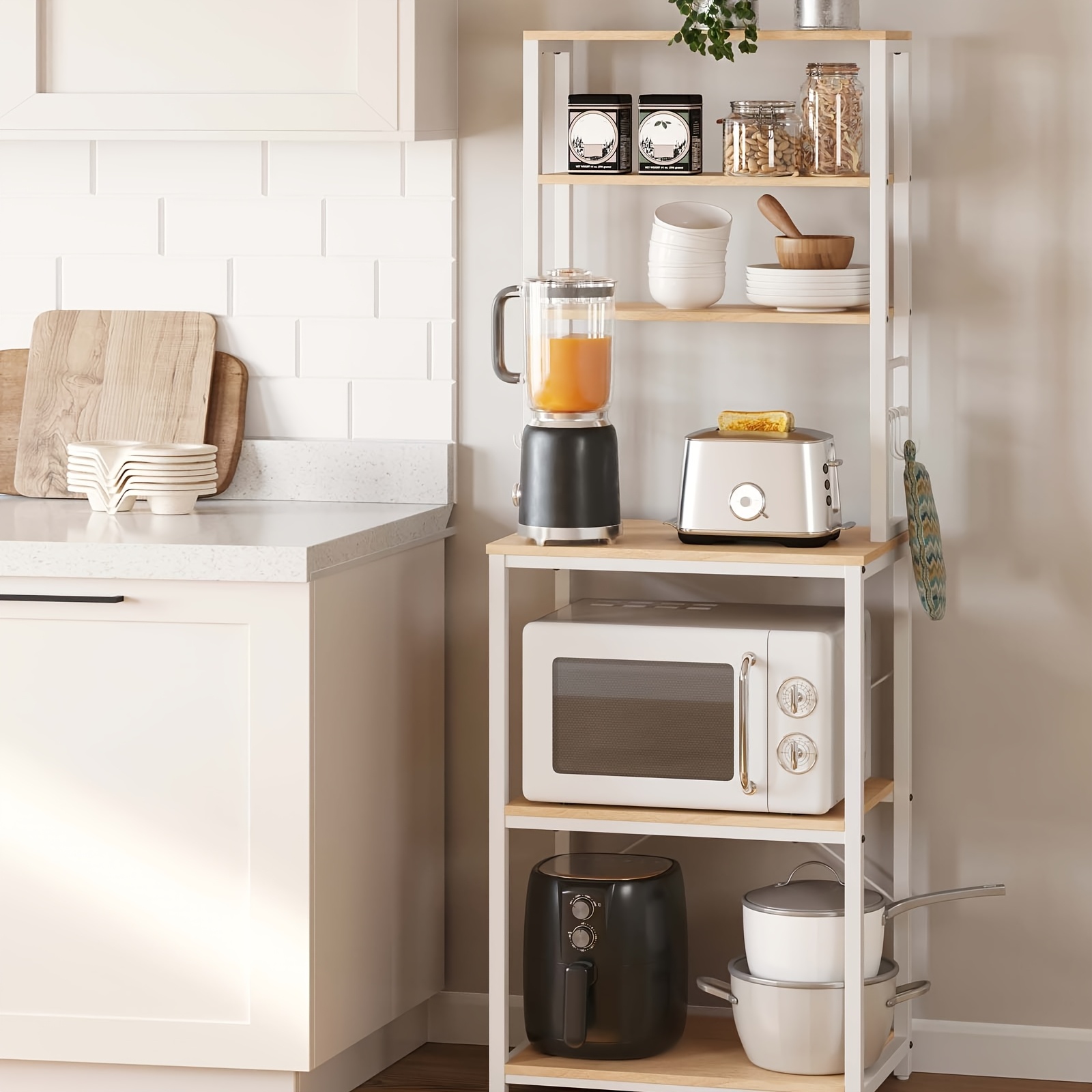 E-shop Küchenaufbewahrungsregal, Kaffeebar, Bäckerregal, insgesamt 6 Regale und 6 Haken, für Mikrowelle, Stahlrahmen, Industrie, 40 x 80 x 167 cm, Grau