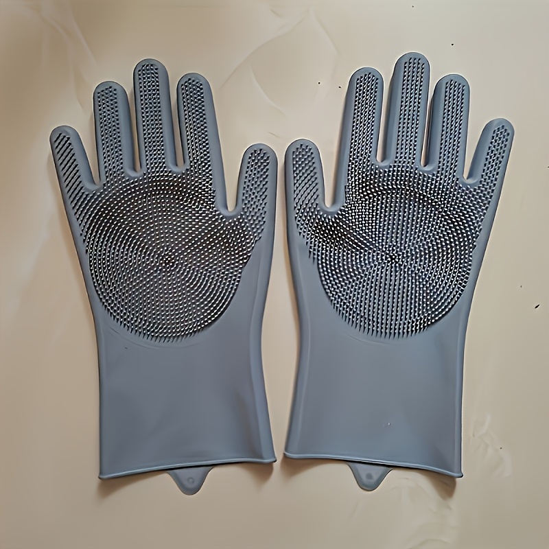 1 pair of silicone dishwashing gloves waterproof heat resistant with built in scrub brush lead free ideal for kitchen bathroom floor furniture glass cleaning gray details 2