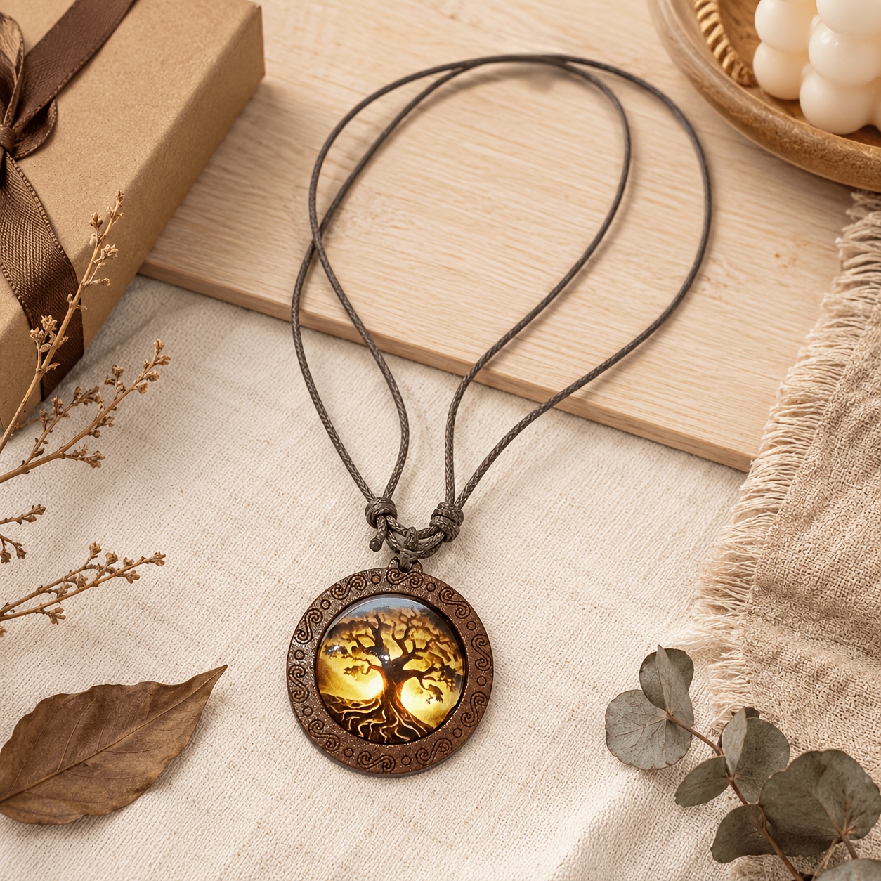 TEMU Collier avec pendentif Arbre de Vie rétro couleur bronze, pendentif rond sculpté à motif floral créatif, collier polyvalent au design , ajouts