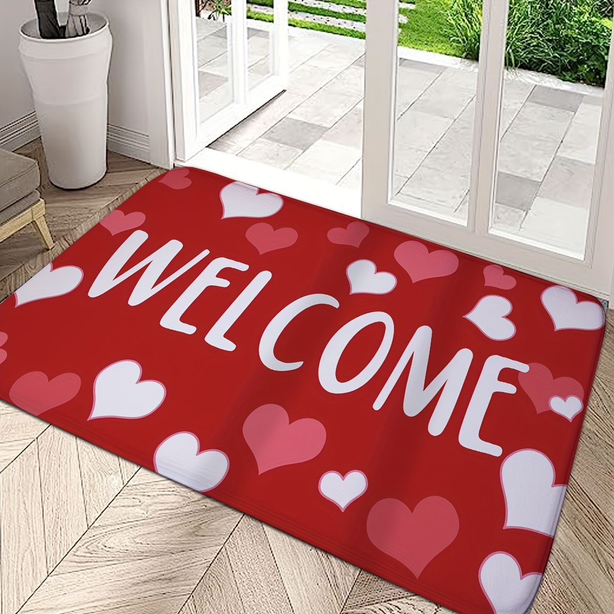 

Welcome Heart Pattern Non-slip Machine Washable Polyester Door Mat - Medium Pile, Braided Rectangle Rug Pad For Indoor/outdoor Hallway Decor - Flannel, Machine Made