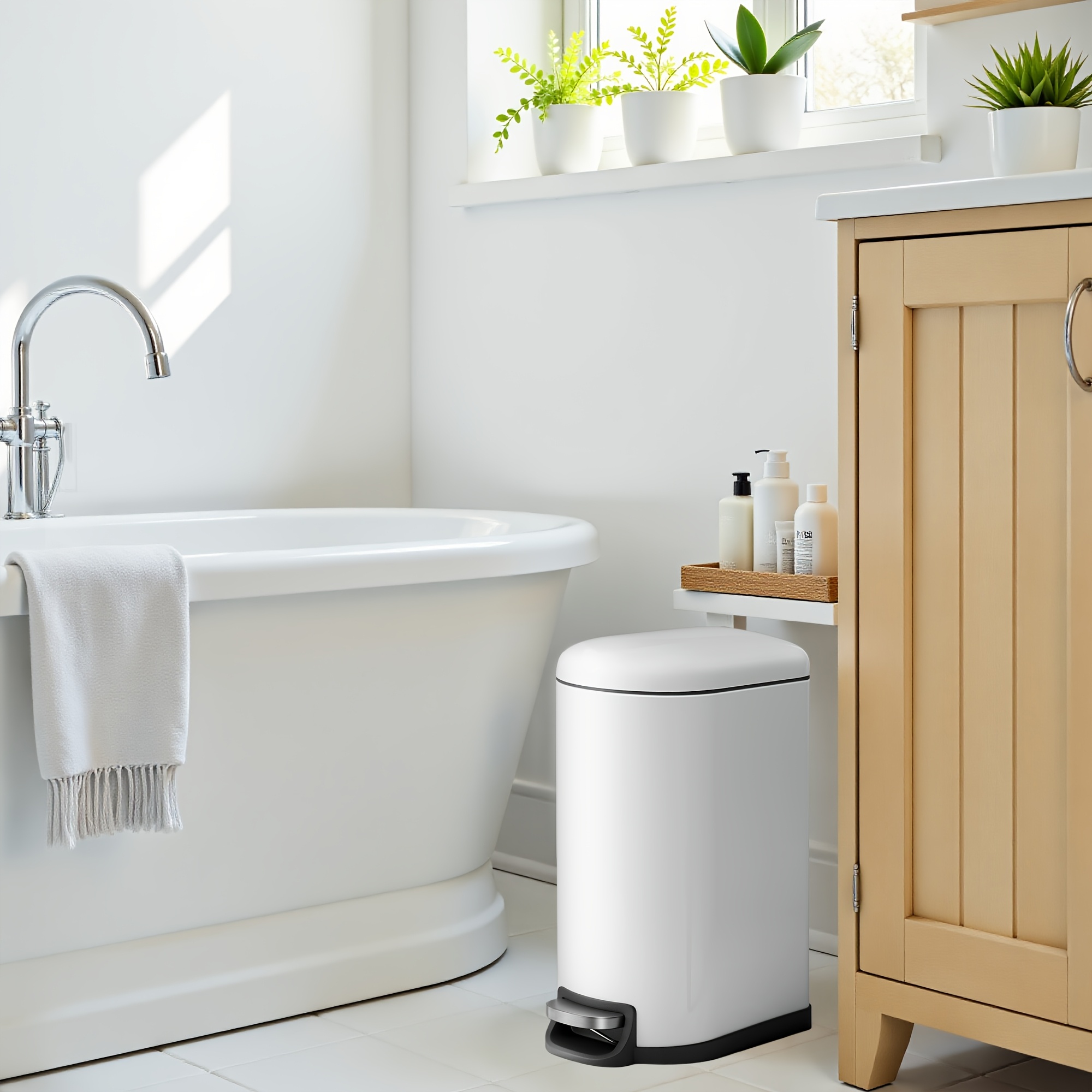 Bathroom Trash Can, 10l, Slim And Space- Kitchen Waste Bin, Steel With Lid, White