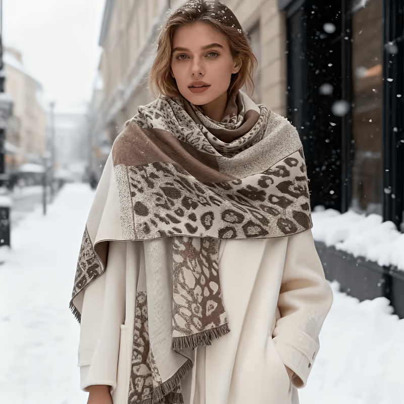 TEMU Women's Elegant Leopard -block Scarf Shawl - Animal Pattern Soft Fabric Winter , Suitable For Casual, Office, Party Wear, Fashionable Cold