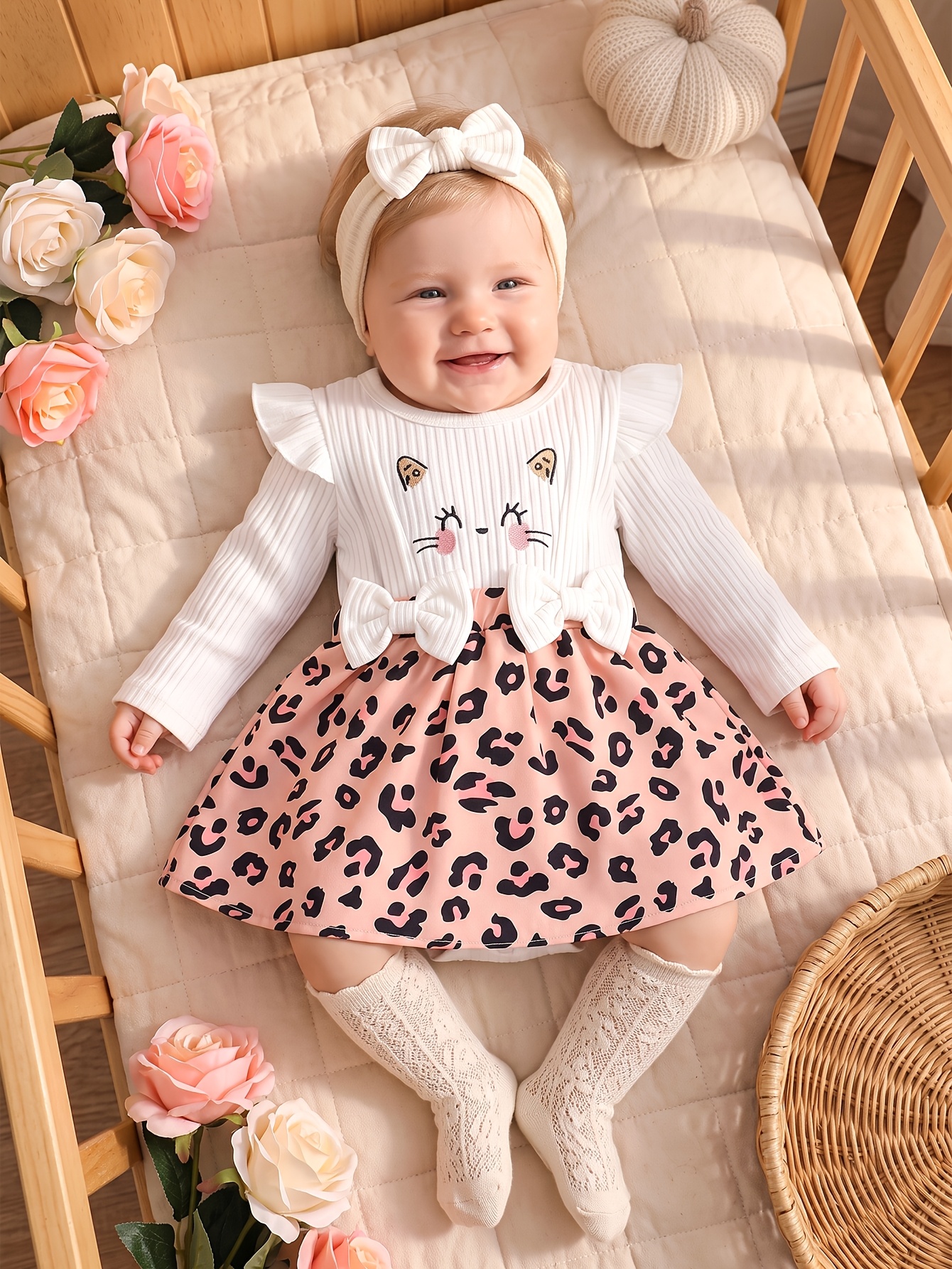Girls Newborn Spring Autumn Fashion Cute Kitten Embroidered * Long Sleeve Leopard Print Baby Dress with 3D Bow Decoration, Suitable for Outdoor * And Daily Wear * Style Infant Clothing for 