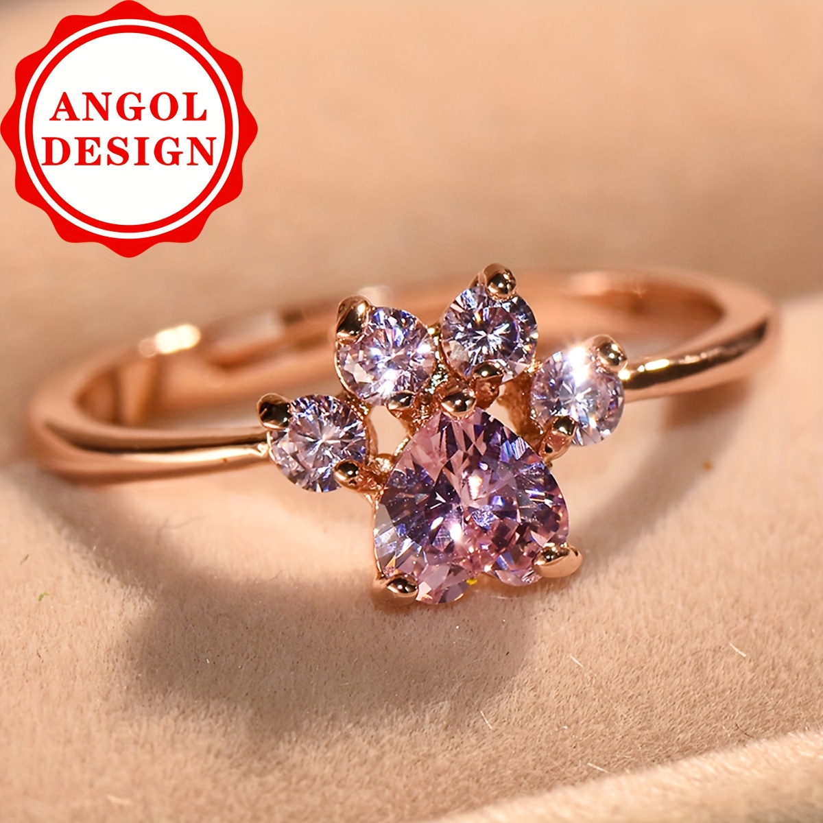 TEMU Angol A Heart-shaped Cut Pink Synthetic Zirconia Inlaid Cat And Dog Paw Ring Rose Golden Color Engagement Wedding Ring Valentine's Day Gift