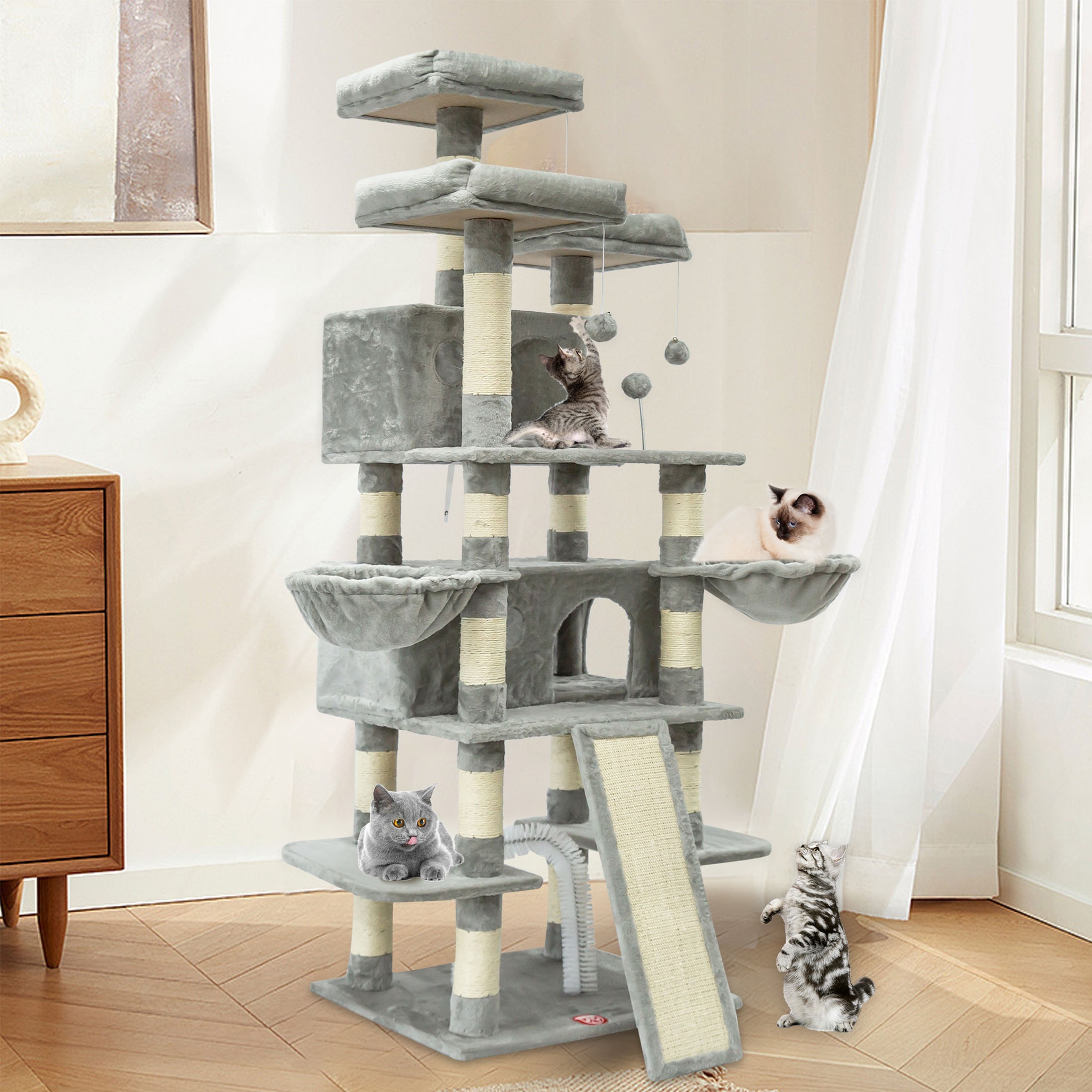 68 inches   level cat tree tall multi cats tower with 2 big cat condo cat hair brush large cat tree with 3 plush perches scratching posts for kittens smokey grey details 5