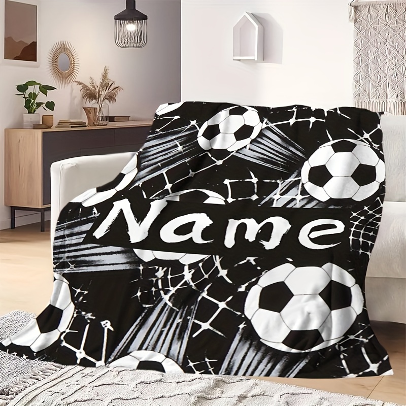 

1pc Customizable Soccer Ball Throw Blanket With Personalized Name, Soft Plush Bedding, Hypoallergenic Knitted Polyester, Machine Washable, Tear-resistant, , Ideal For Travel