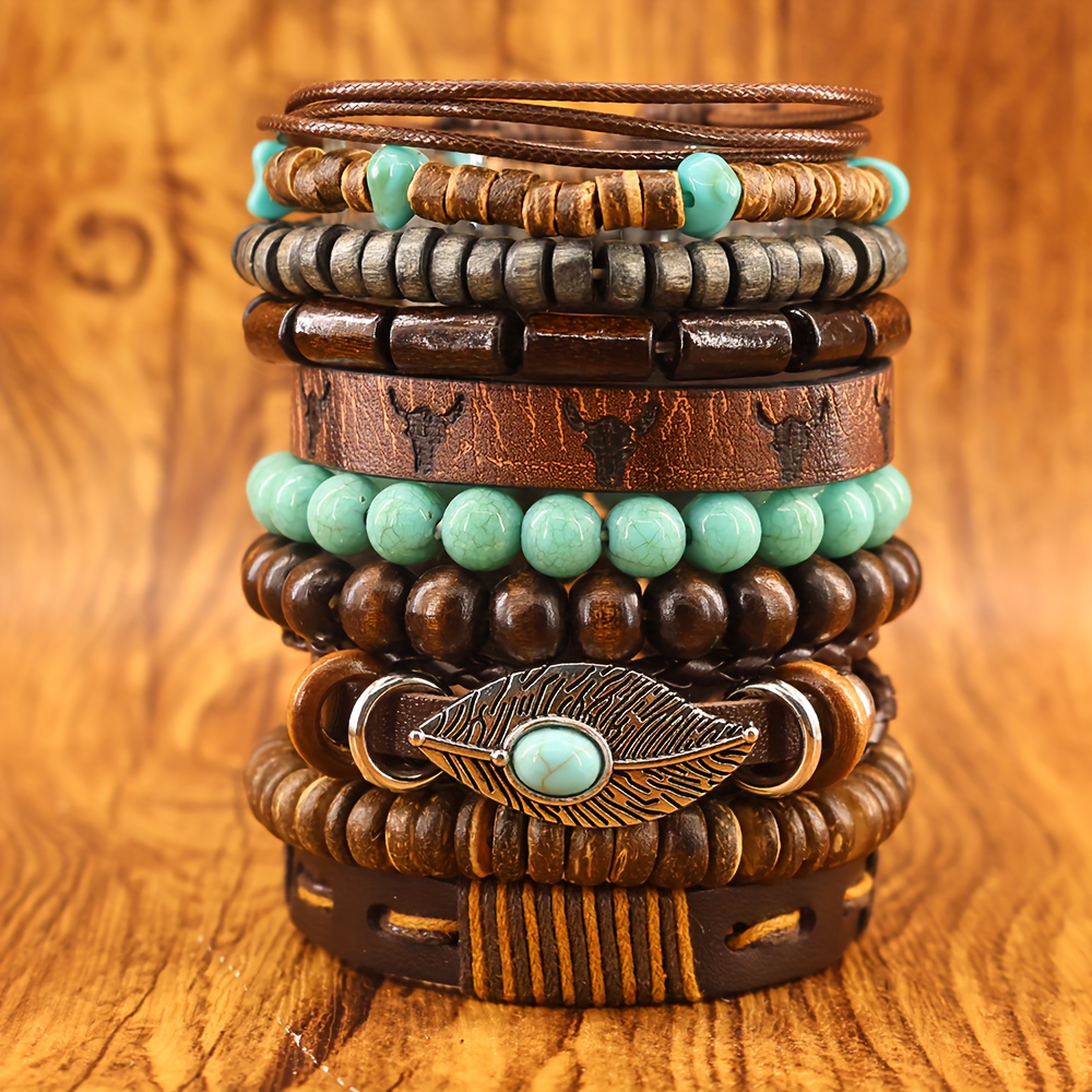 TEMU 10pcs Classic Bohemian Vintage Fashion Multi-layered Leaf Unisex Bracelet Set Festival Gift For Daily Wear
