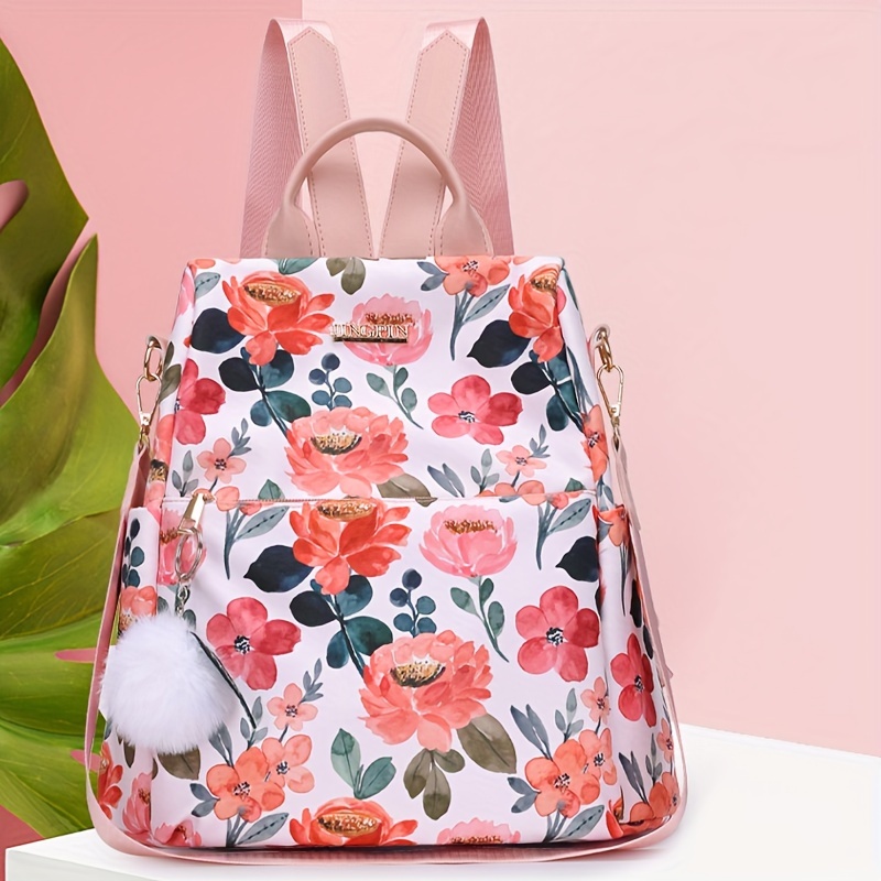 

Sac À Dos À Motif De Fleurs Vintage, Sac À Dos Convertible Classique Pour Femme, Sac À Dos Polyvalent En Nylon Pour Tous Les Jours