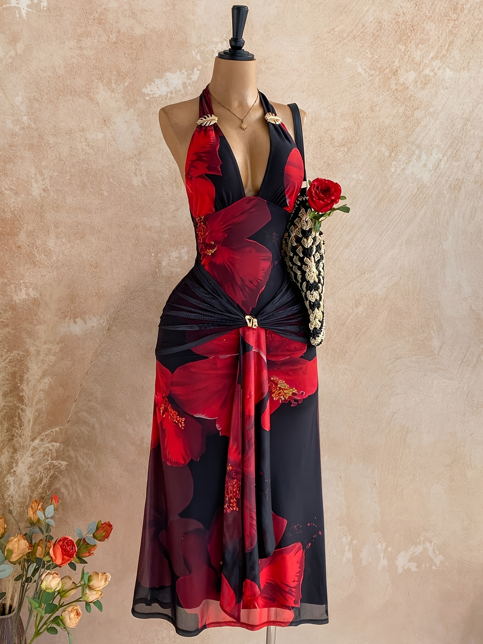 yellow dress with red flowers NYOMI MAXI DRESS
