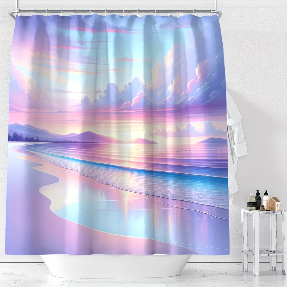 

Ywjhui Ocean Beach Scenery Digital Print Shower Curtain, Water-resistant Polyester Fabric With Hooks, Knit Weave, All-season, Machine Washable, Unique Colorful Dreamy Design