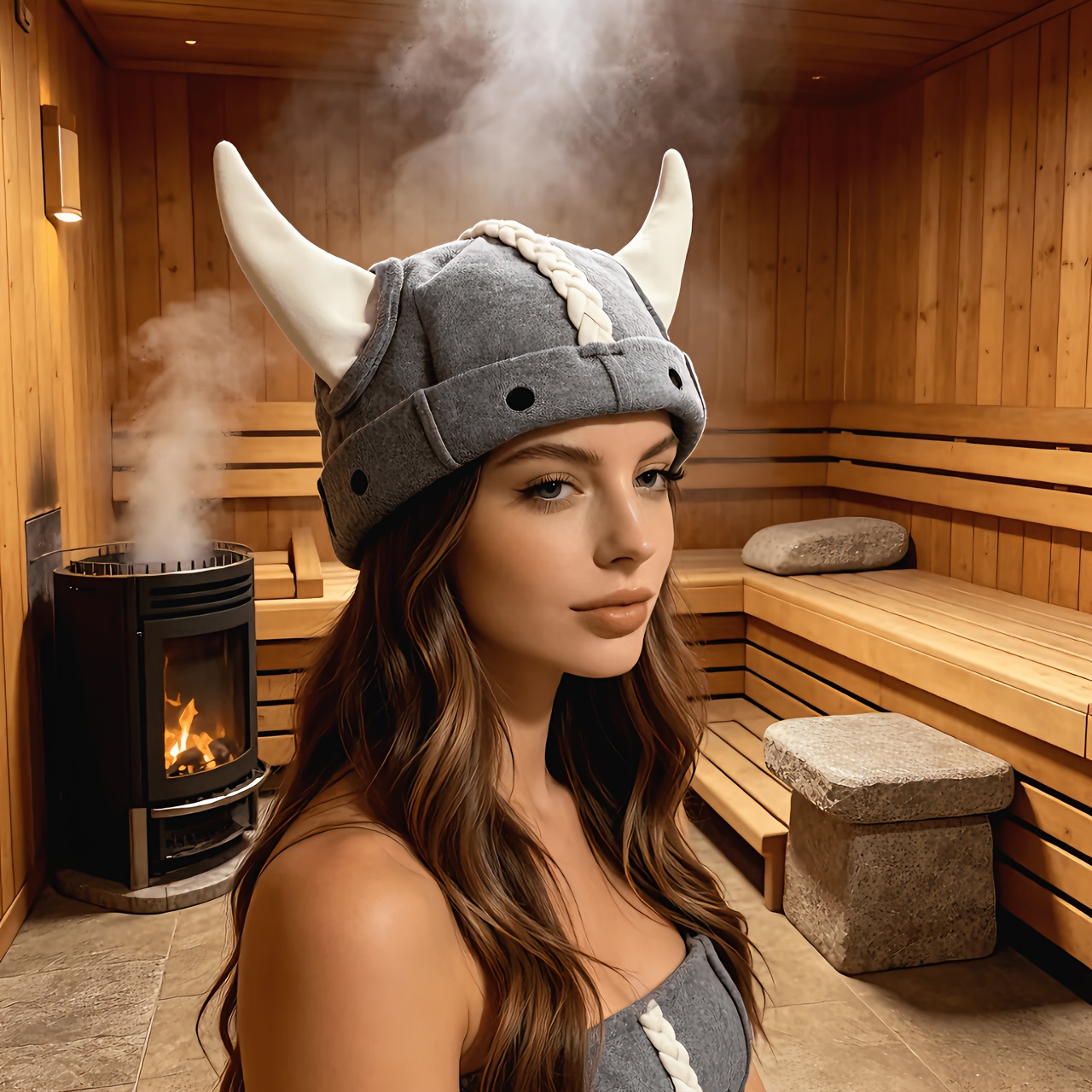 Image of Funny Sauna Hat - Unisex Wool Heat Resistant Headwear, Adult Accessory With Unique Horn Design, Soft Wool Heat Insulation Steam Cap For Sauna Rooms