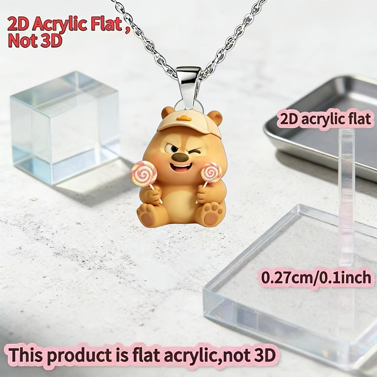Women's 2D Acrylic Lollipop Bear Pendant Necklace, Gift for Her