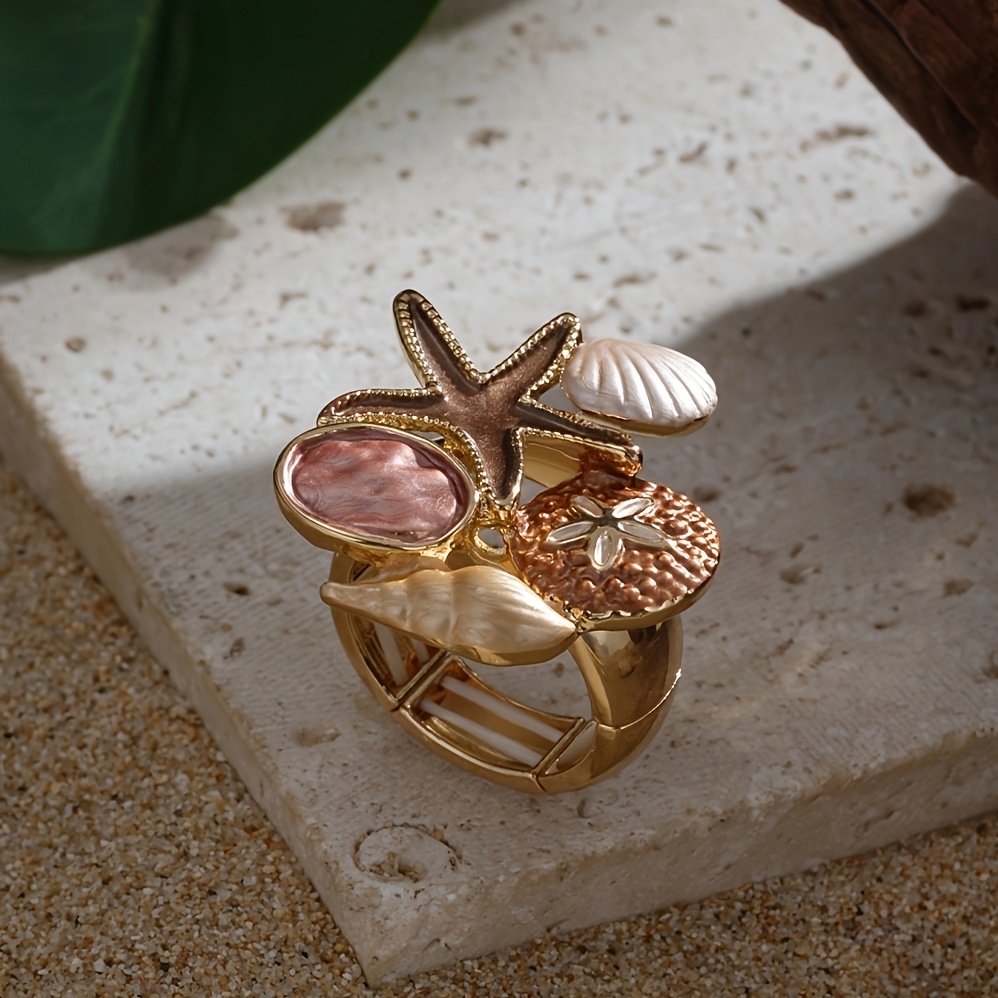 TEMU Anello Coco a tema , anello elastico smaltato a , stella marina e KC per donna, anelli regolabili, gioielli di tendenza moda boh矇mien per uso ,