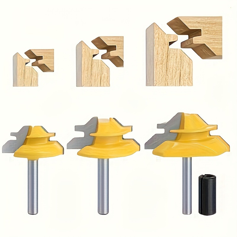 

3pcs 45 Degree Lock Miter Router Bit Set, 1/4 Inches Shank Woodworking Tools Set With 1/4 Inches To 1/2 Inches Router Collet Converter For Cutting Height 5/8", 11/16", 29/32
