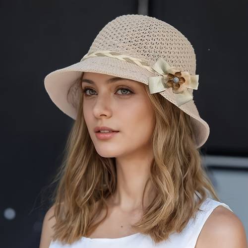 1pc elegant womens floral decorated straw hat breathable hollow out sun cap summer fashion accessory fashionable outdoor travel vacation fisherman hat construction versatile daily wear accessory