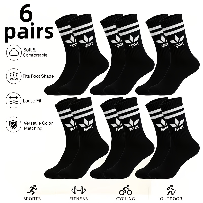TEMU 6-pair Men's Black & - Athletic Socks With Three- & Striped Mid-calf - Suitable For Outdoor, Gym, Casual Wear, Spring/autumn Daily Use - For,