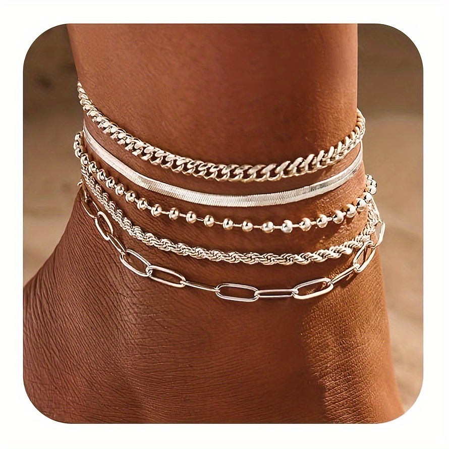 

5pcs Women's Anklet Set - Waterproof, Stainless Steel With Silvery Plating, Featuring Beads & Cuban Chains - Beach & Casual Attire