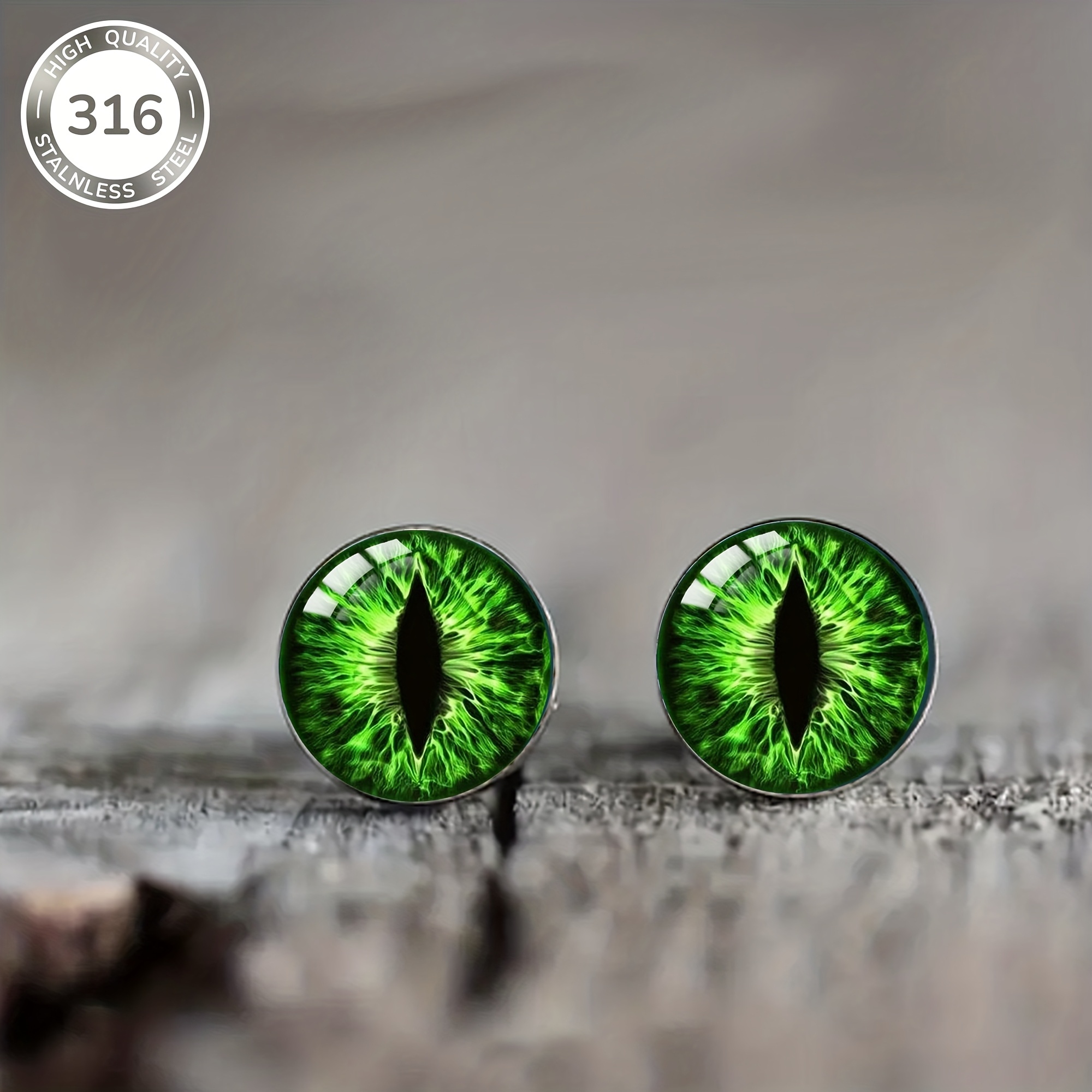 1 Pair Green Cat Eye Pattern Steel Stud Earrings, Classic Personality Style Jewelry For Men And Women, Daily And Party Wear