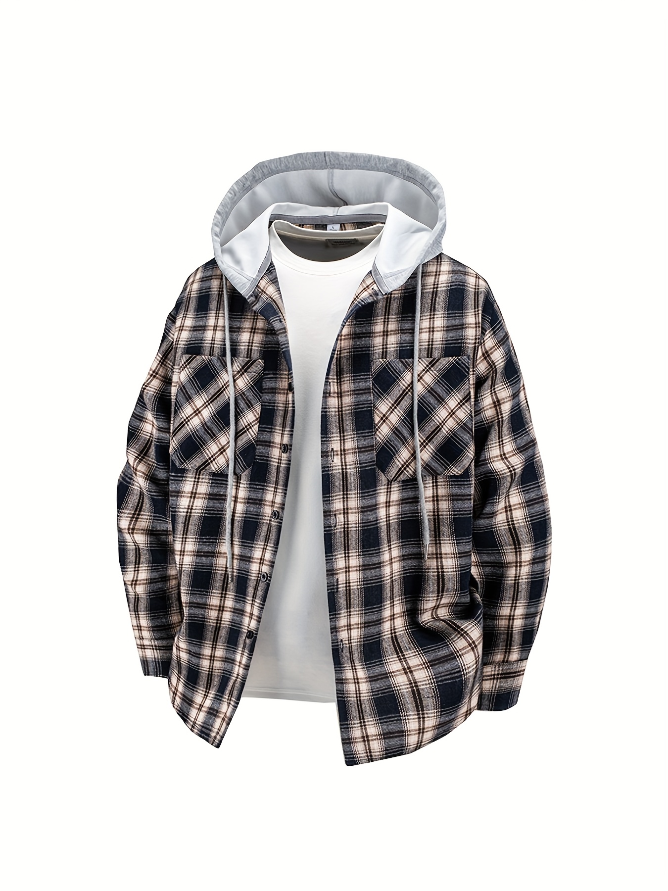 New Men'S Spring And Autumn Hooded Shirt Casual Jacket, Buttoned Plaid Top, Lightweight Outdoor Casual Sportswear for Men, Stylish Everyday Outfit with Pockets