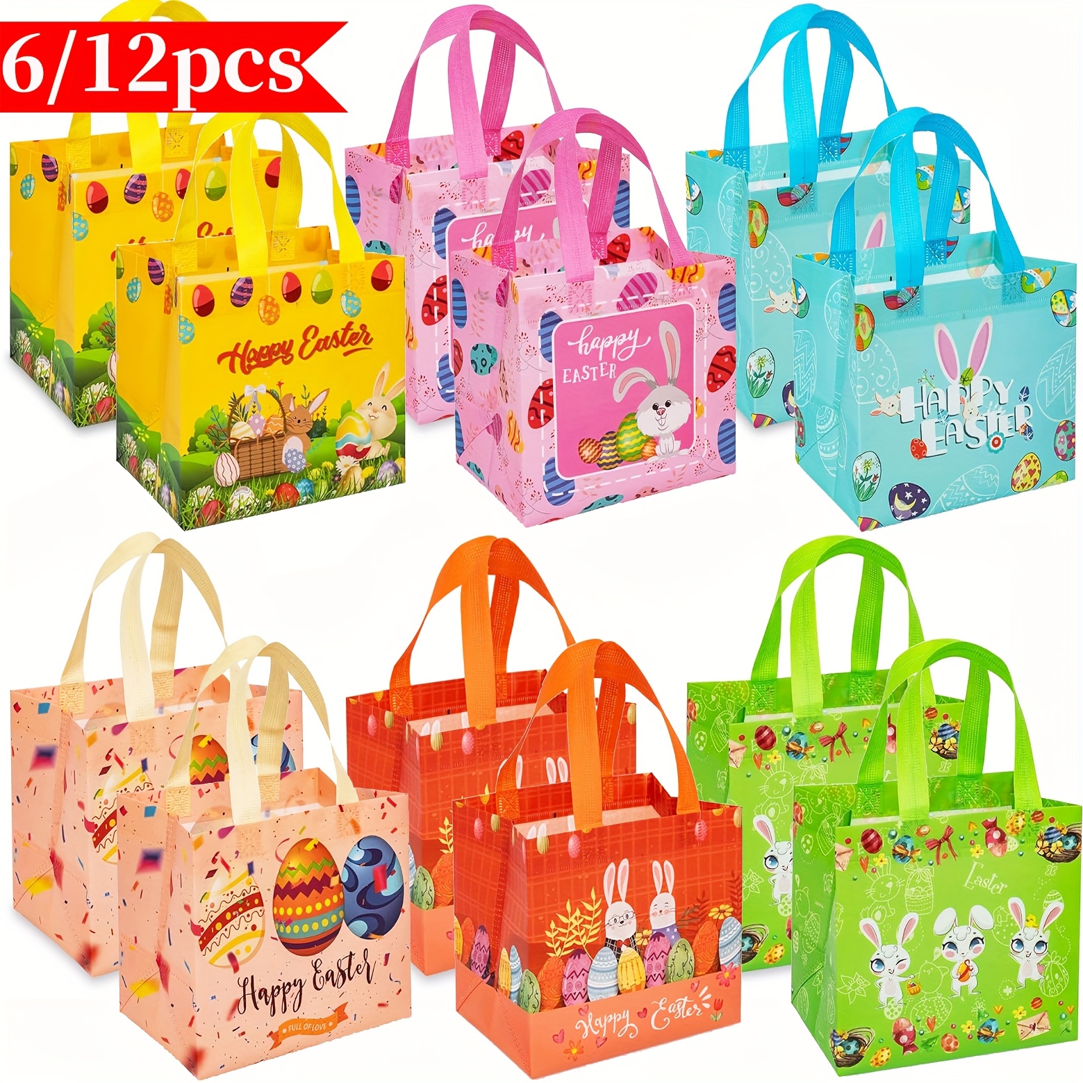 

6/ 12pcs Easter Gift Bags, Easter Baskets With Handle Gift Bags Reusable Non-woven Tote Bags For Easter Holiday Supplies Open Size 7.9x5.9x7.9inch