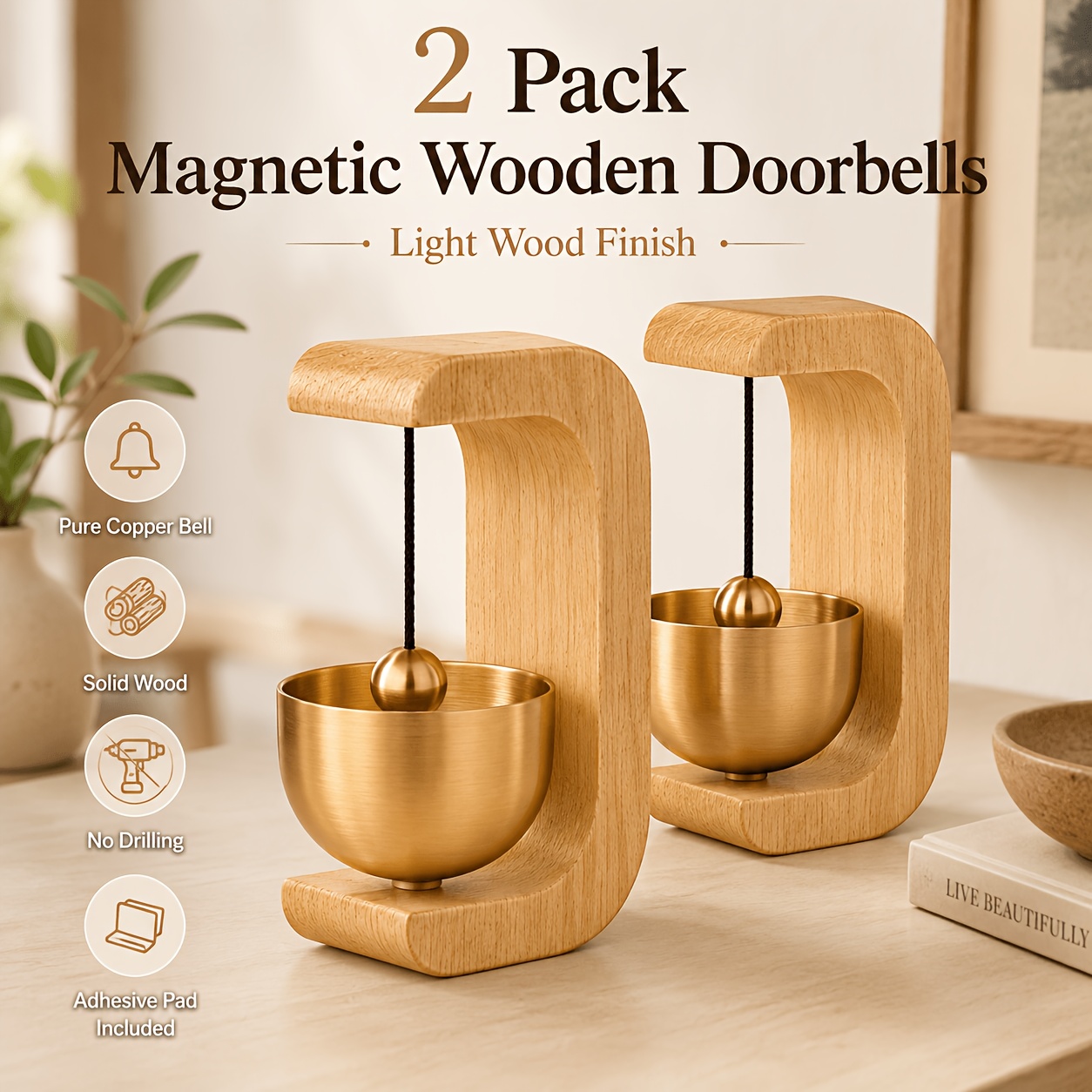 TEMU 2 Pack Solid Bell, Vintage Style Wall Mount Doorbell, Elegant Ring Bell For Front Door, Entryway, Bedroom, Decor Gift