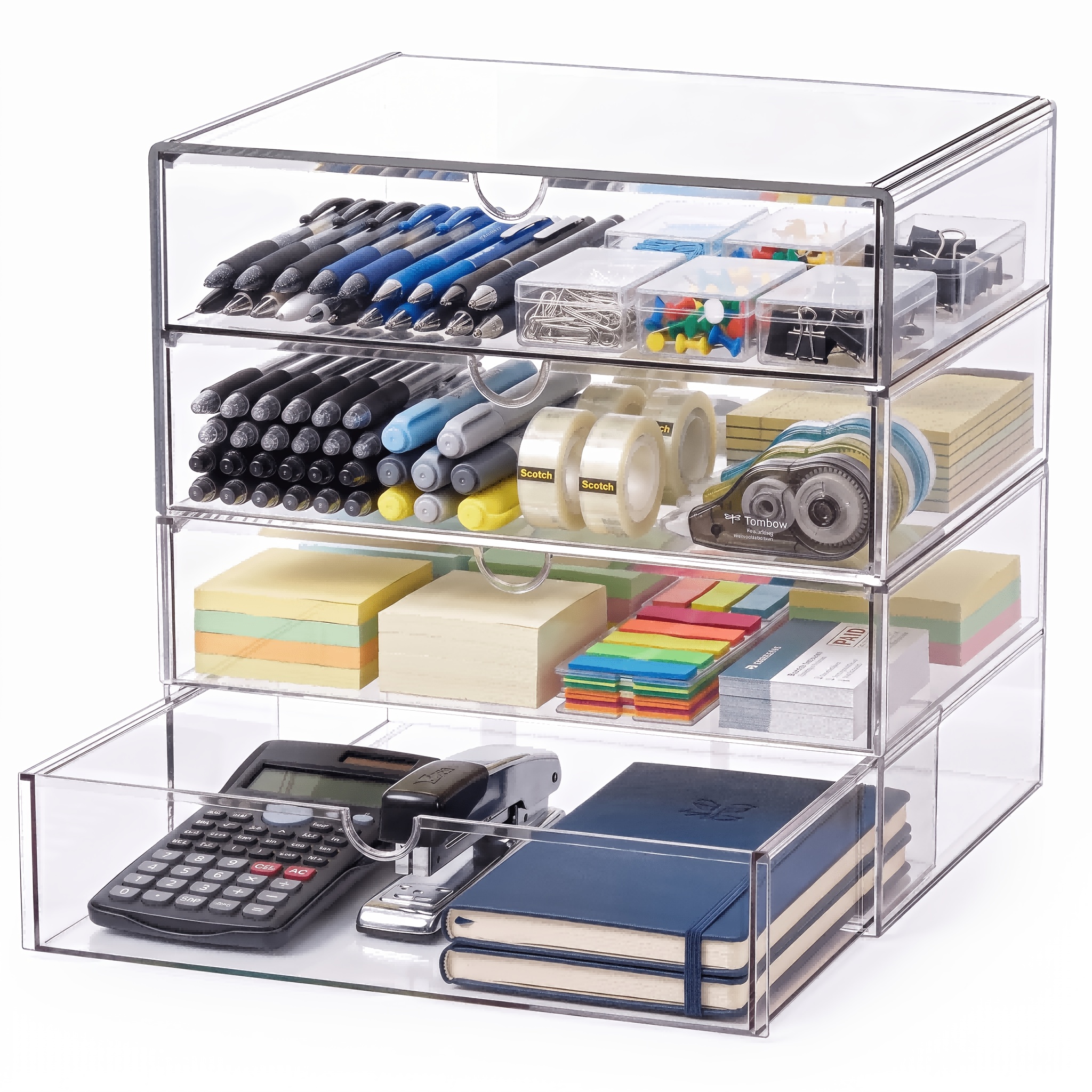 TEMU Cosmetic Organizer With 4 Drawers: 2 Acrylic Boxes With Non-slip Mats | Stackable Drawer Box, Perfect For Office Supplies, Pens, Stationery,