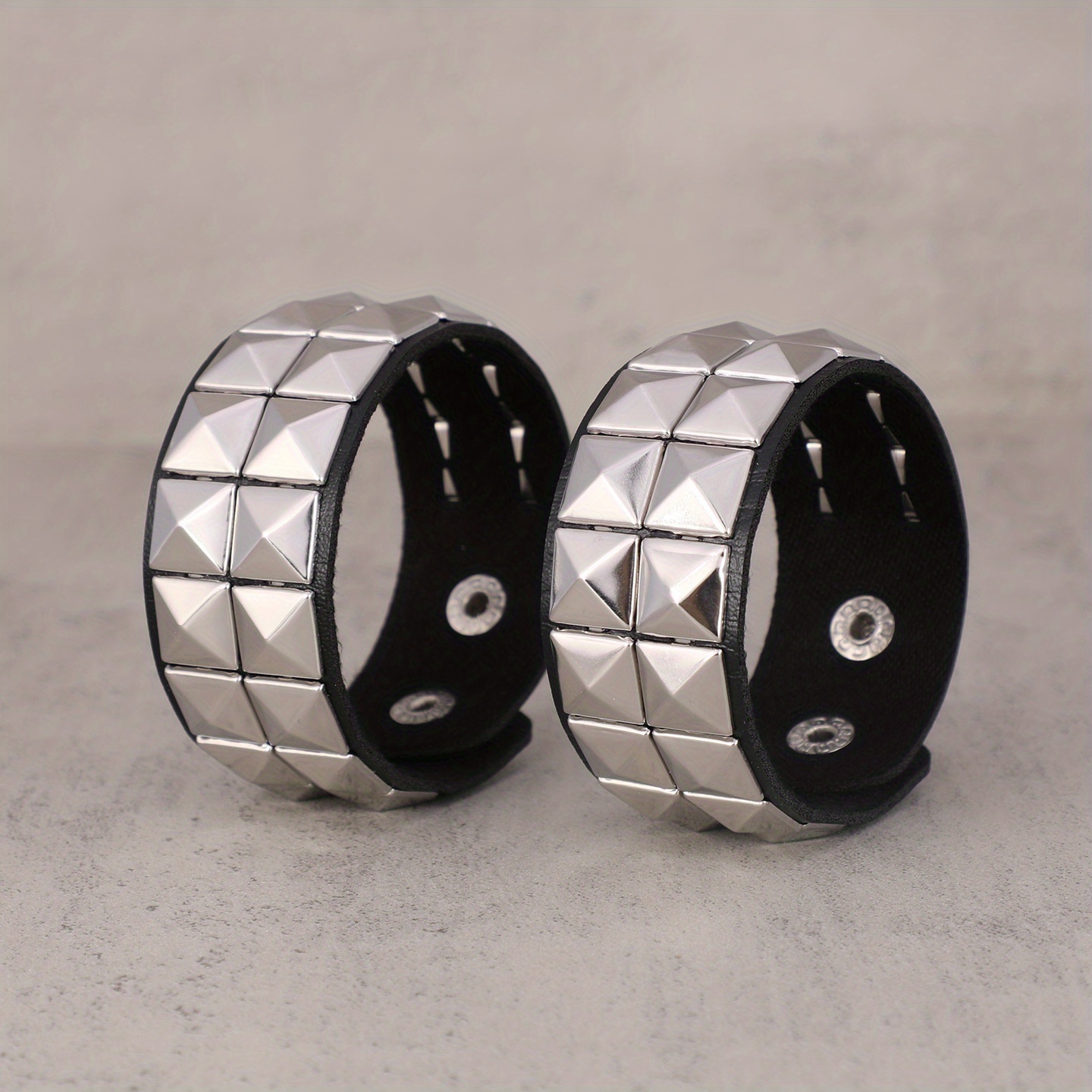 Image of 2pcs Set Punk Gothic Street Style Bracelet, Fashionable Double-row Square Stud Pu Wristband, Hip-hop Rock Music Festival Party Couple Wristbands